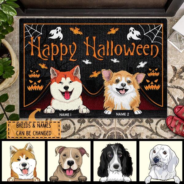 ﻿Halloween Custom Doormat, Gifts For Dog Lovers, Happy Halloween Dog Peeking From Curtain Holiday Doormat