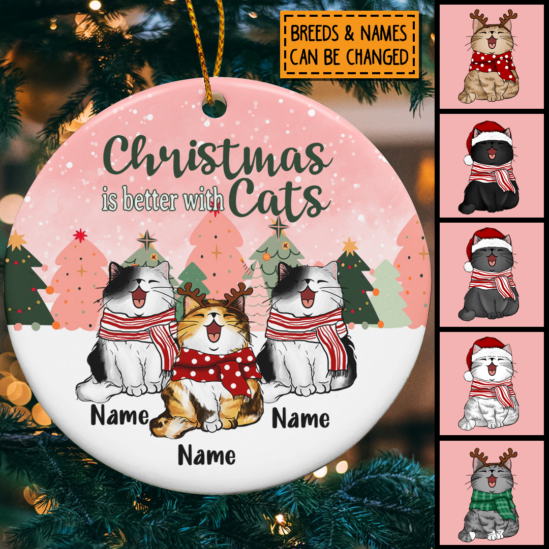 Christmas Is Better With Cats, Christmas Tree Circle Ceramic Ornament,