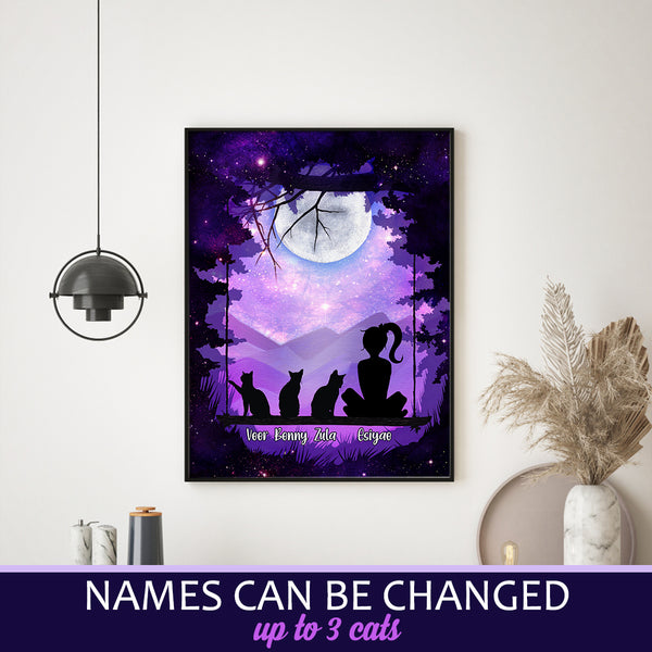 Girl And Her Cats - Purple Moonlight - Personalized Cat Poster