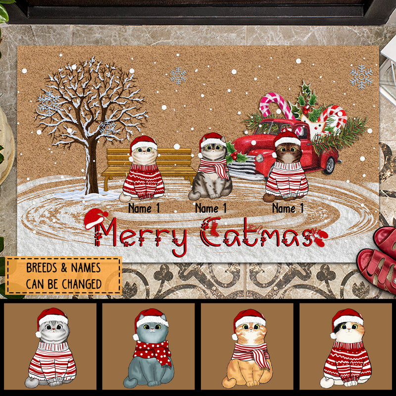 Christmas Personalized Doormat, Gifts For Cat Lovers, Merry Catmas Xmas Red Truck Front Door Mat