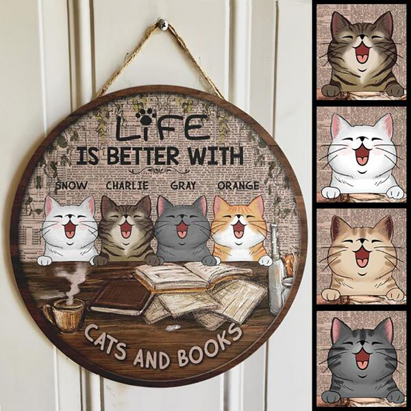 Pawzity Welcome Door Signs, Vintage Newspaper Print Front Door Sign, Life Is Better With Cats And Books , Cat Mom Gifts