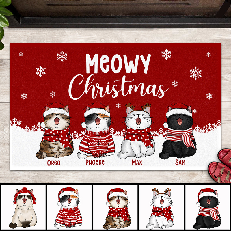 Christmas Personalized Doormat, Gifts For Cat Lovers, Meowy Christmas Cats In Snow Red Front Door Mat