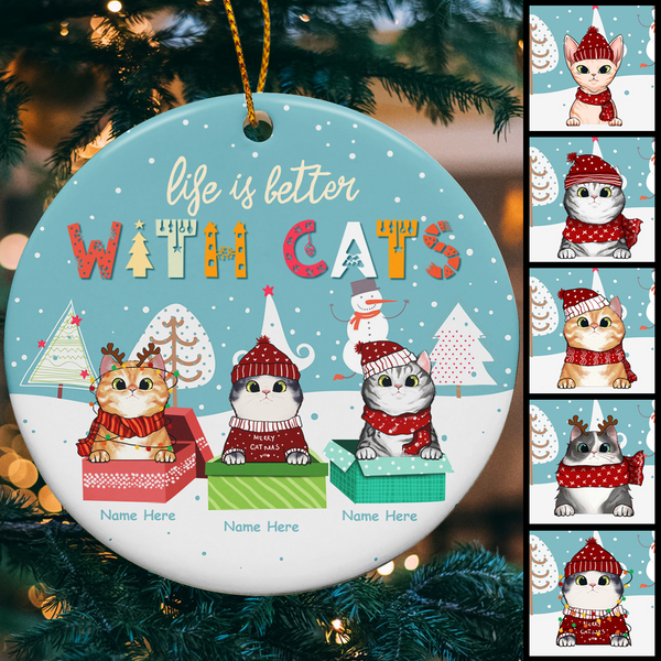 Life Is Better With Cats - Cats In The Gift Box - Personalized Cat Christmas Ornament