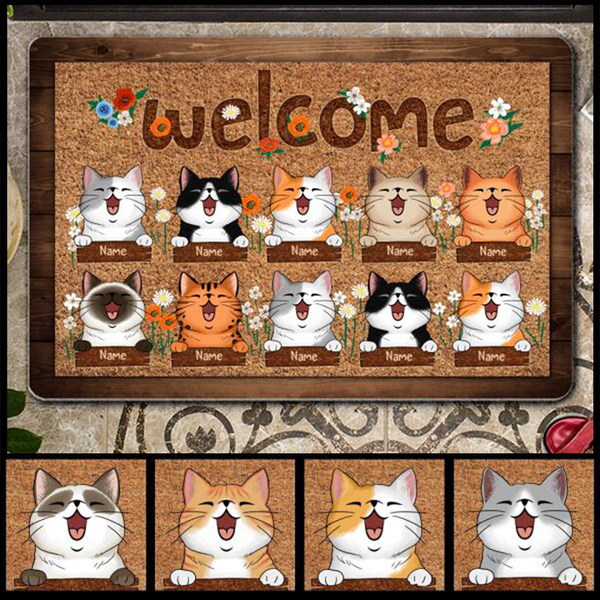 Welcome You - Laughing Cats With Flowers - Personalized Cat Doormat