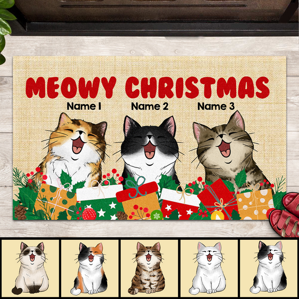 Christmas Personalized Doormat, Gifts For Cat Lovers, Meowy Christmas Cats & Xmas Gifts Front Door Mat