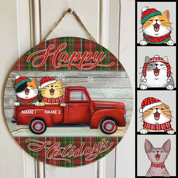 Christmas Cat Welcome Door Sign, Gift For Cat Lovers, Happy Holiday Red Truck & Plaid Home Sweet Home Signs , Cat Mom Gifts