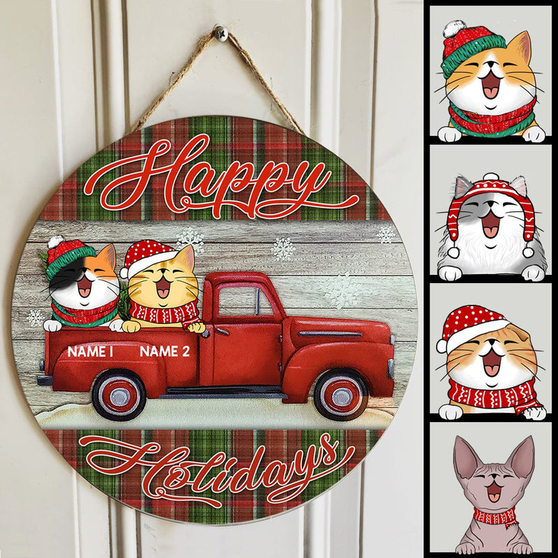 Christmas Cat Welcome Door Sign, Gift For Cat Lovers, Happy Holiday Red Truck & Plaid Home Sweet Home Signs , Cat Mom Gifts