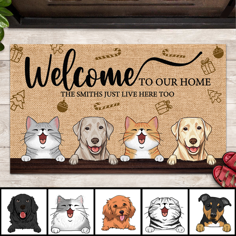 Christmas Welcome To Our Home Custom Doormat, Gifts For Pet Lovers, The Humans Just Live Here Too Holiday Doormat