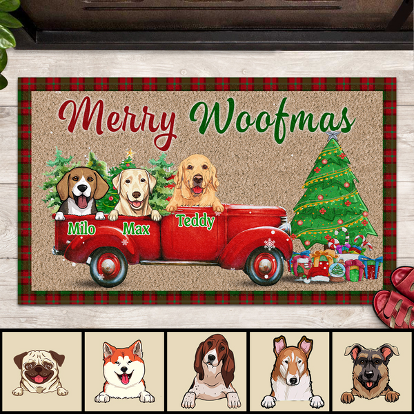 Christmas Personalized Doormat, Gifts For Dog Lovers, Merry Woofmas Dogs In Xmas Truck Front Door Mat