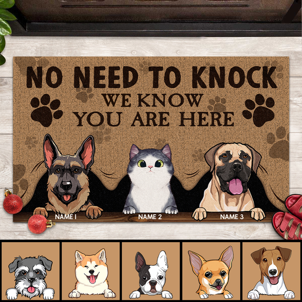 Pawzity No Need To Knock We Know You Are Here Custom Doormat, Gifts For Pet Lovers, Brown Front Door Mat