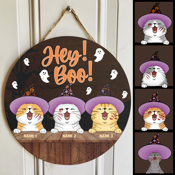 Halloween Hey Boo Sign, Halloween Welcome Sign For Front Door, Witch Cats Custom Wooden Signs , Cat Mom Gifts