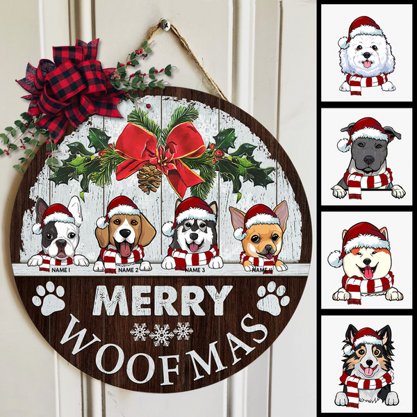 Christmas Dog Welcome Door Sign, Gift For Dog Lovers, Merry Woofmas Funny Signs, Vintage White & Brown , Dog Mom Gifts