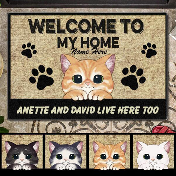 Pawzity Welcome To Our Home Custom Doormat, Gifts For Cat Lovers, Cute Peeking Cats Front Door Mat