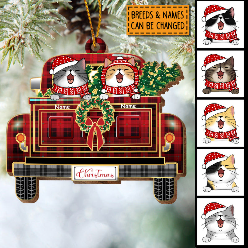 Personalised Xmas Cat On Red Plaid Truck Shaped Wooden Ornament - Personalized Cat Lovers Decorative Christmas Ornament
