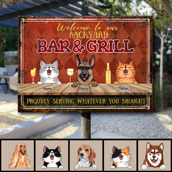 Pawzity Metal Backyard Bar & Grill Sign, Gifts For Pet Lovers, Proudly Serving Whatever You Brought Welcome Signs