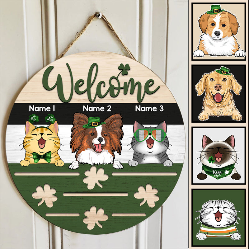 St. Patrick's Day Welcome Door Signs, Gifts For Pet Lovers, Shamrock Personalized Wood Sign