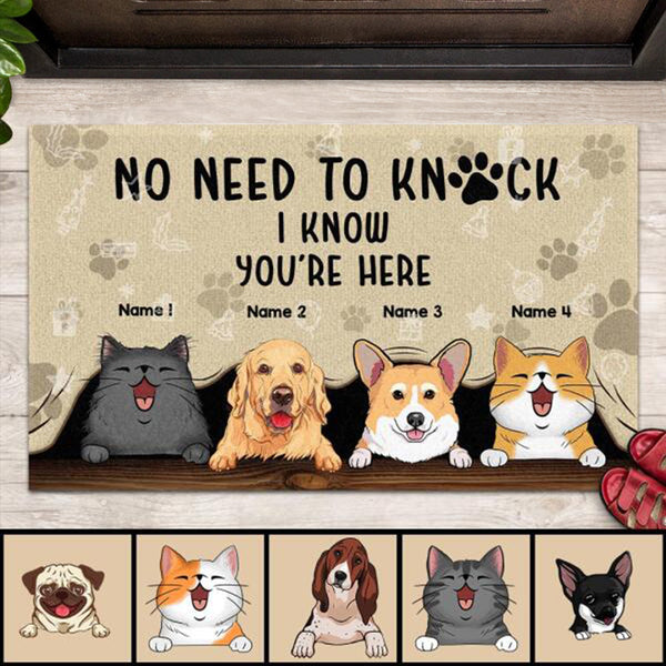 Pawzity No Need To Knock Personalized, Gifts For Pet Lovers, Dog & cat Peeking From Curtain Outdoor Door Mat