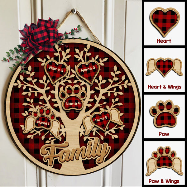 Pawzity Family Name Sign, Family Tree With Hearts And Paws Wing Custom Wooden Signs