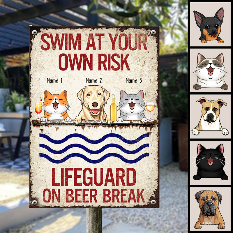 Pawzity Metal Pool Sign, Gifts For Pet Lovers, Swim At Your Own Risk Lifeguard On Beer Break Funny Warning Signs