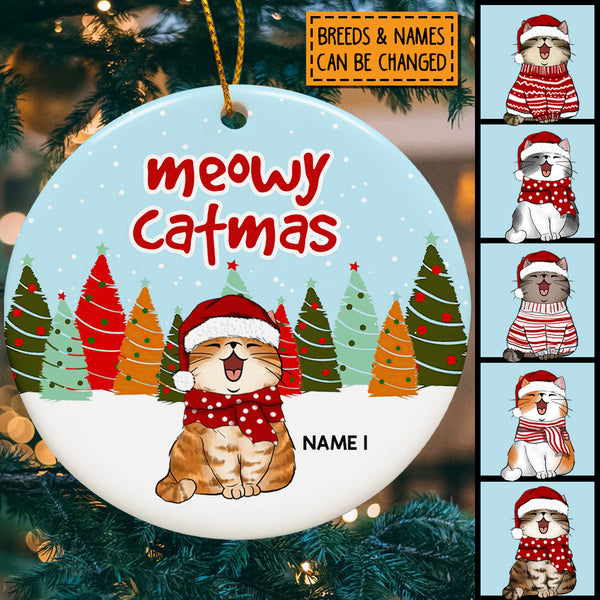 Personalised Meowy Catmas Blue Sky Circle Ceramic Ornament - Personalized Cat Lovers Decorative Christmas Ornament