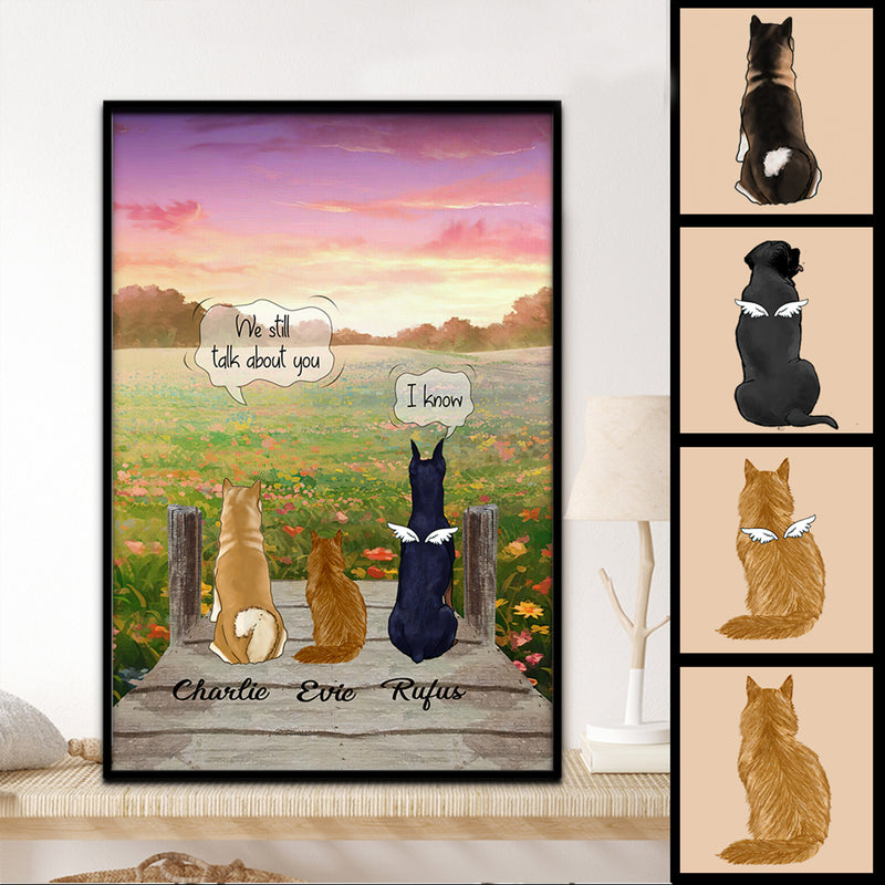 We Still Talk About You, Pet Loss Keepsake, Flower Field View, Angel Wings Cat Dog, Personalized Pet Memorial Poster