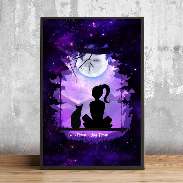 Girl And Her Cats - Purple Moonlight - Personalized Cat Poster