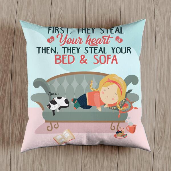 First They Steal Your Heart Then Your Bed - Personalized Cat Pillow