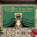 Pawzity Welcome To Our Home Custom Doormat, Gifts For Cat Lovers, Green Curtain Front Door Mat