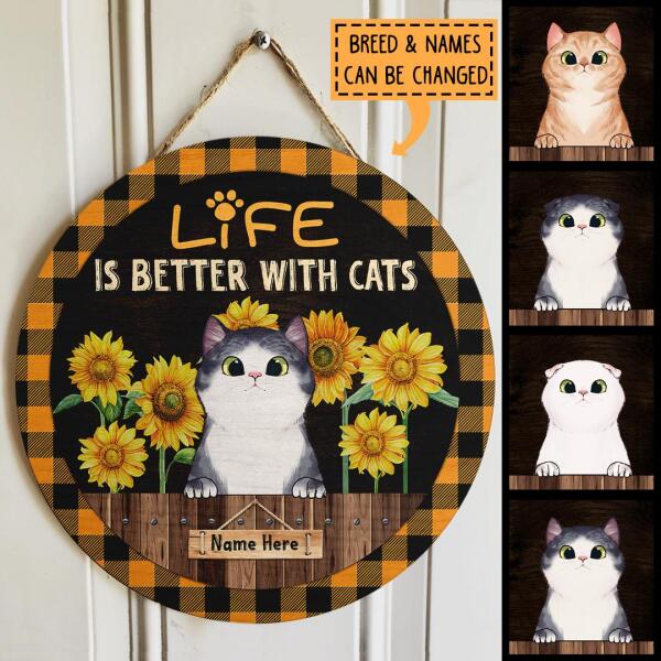 Pawzity Custom Wood Signs, Gifts For Cat Lovers, Life Is Better With Cats Sunflower Personalized Wood Sign , Cat Mom Gifts