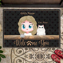 Pawzity Custom Doormat, Gifts For Cat Lovers, Welcome You Girl & Her Cats Black Front Door Mat