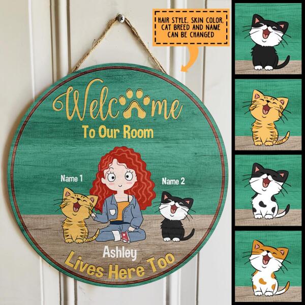 Pawzity Welcome Door Signs, Gifts For Cat Lovers, Welcome To My Room Girl & Cat Custom Wood Signs , Cat Mom Gifts
