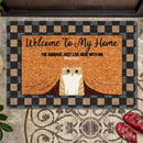 Pawzity Welcome To Our Home Custom Doormat, Gifts For Cat Lovers, Hiding Cats Under Curtain Front Door Mat