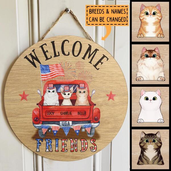 Pawzity Welcome Door Signs, Gifts For Cat Lovers, American Cats Wear Hat On Truck Custom Wood Signs , Cat Mom Gifts