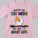 Rockin' The Cat Mom And Aunt Life - Rainbow Leopard Print - Personalized Cat T-shirt