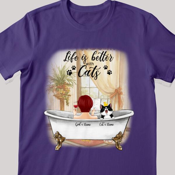 Life Is Better With Cats - Girl And Cats In Bathtub - Personalized Cat T-shirt