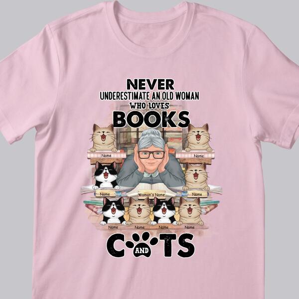Never Underestimate An Old Woman Who Loves Books And Cats - Personalized Cat T-shirt