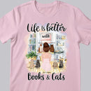 Life Is Better With Books And Cats - Backside Cats - Personalized Cat and Girl T-shirt