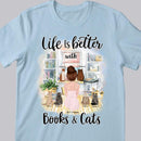 Life Is Better With Books And Cats - Backside Cats - Personalized Cat and Girl T-shirt