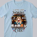 A Woman Cannot Survive On Wine Alone - Personalized Cat And Girl T-shirt