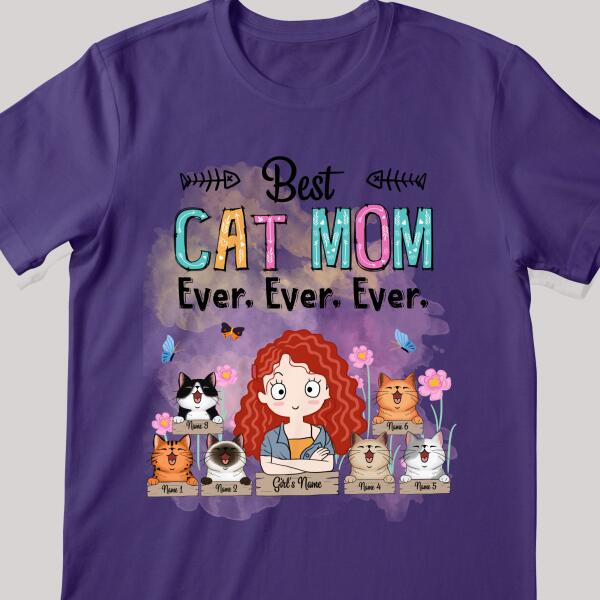 Best Cat Mom Ever Ever Ever - Cute Laughing Cats And Flowers - Personalized Cat And Girl T-shirt