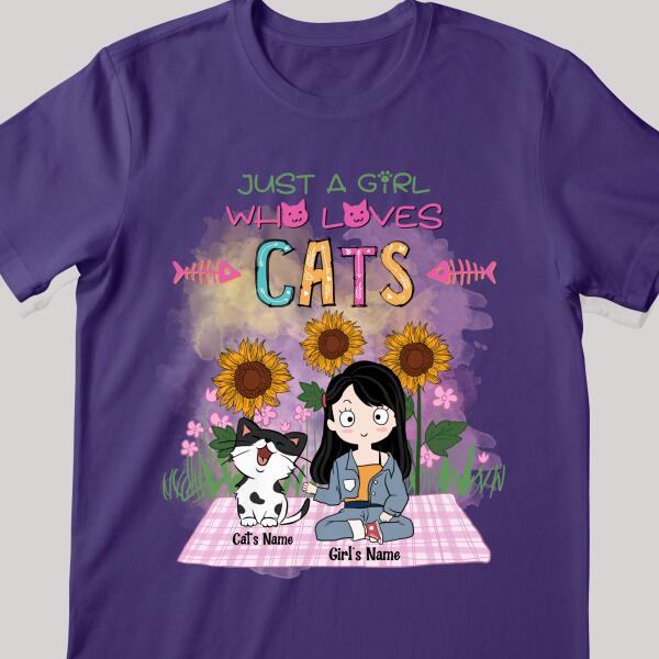 Just A Girl Who Loves Cats - Sunflowers Garden - Personalized Cat and Girl T-shirt