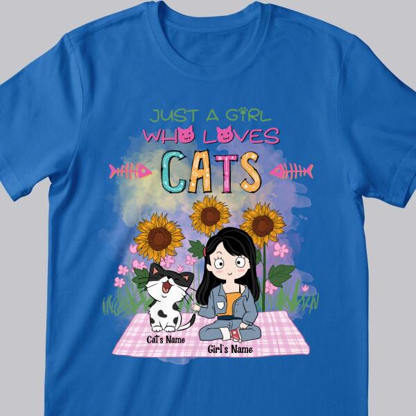 Just A Girl Who Loves Cats - Sunflowers Garden - Personalized Cat and Girl T-shirt