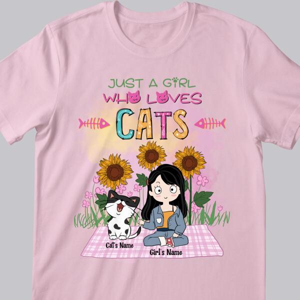 Just A Girl Who Loves Cats - Sunflowers Garden - Personalized Cat and Girl T-shirt