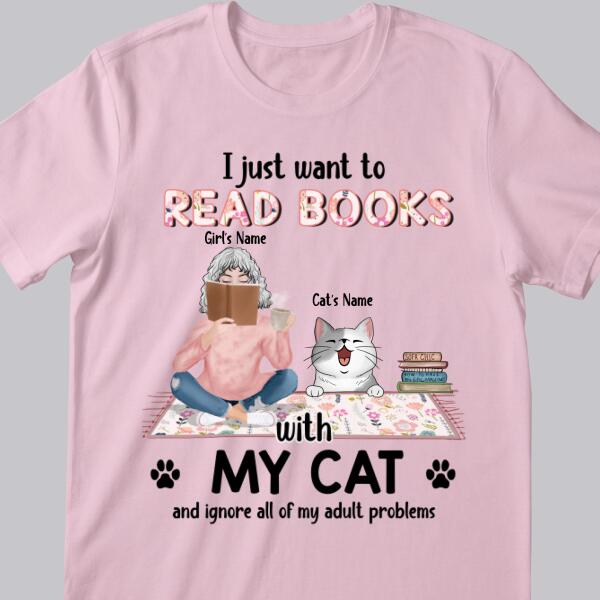I Just Want To Read Books With My Cats - Girl And Cats On The Carpet - Personalized Cat T-shirt
