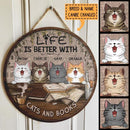 Pawzity Welcome Door Signs, Vintage Newspaper Print Front Door Sign, Life Is Better With Cats And Books , Cat Mom Gifts