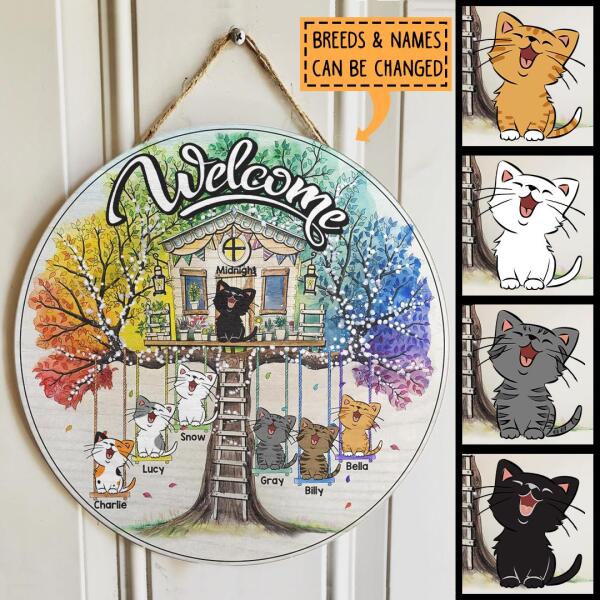 Pawzity Welcome Door Signs, Gift For Cat Lovers Treehouse With Swings Welcome Sign For Front Door , Cat Mom Gifts