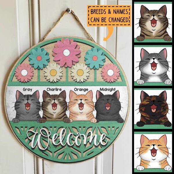 Pawizty Welcome Door Signs, GIfts For Cat Lovers, Wood Carving Flowers Front Door Decor , Cat Mom Gifts
