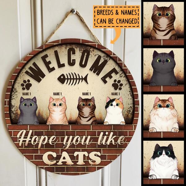Pawzity Welcome Door Signs, Vintage Brick Wall Custom Wooden Signs, Hope You Like Cats , Cat Mom Gifts