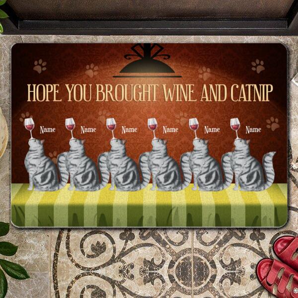 Pawzity Custom Doormat, Gifts For Cat Lovers, Hope You Brought Wine And Catnip Cat On Green Table Front Door Mat