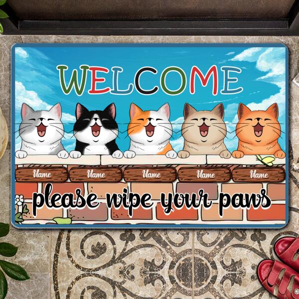 Pawzity Custom Doormat, Gifts For Cat Lovers, Welcome Please Wipe Your Paws Cats On Brick Wall Front Door Mat